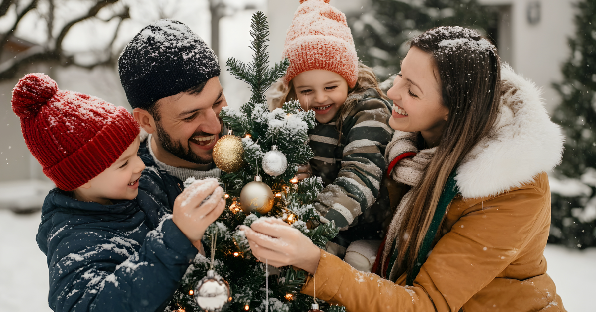 A happy family of four with a Christmas tree, embracing the holiday spirit while navigating seasonal expectations.